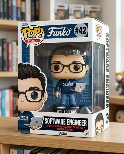 Funko Pop Stil Vinylfigur eines Softwareentwicklers, ausgestellt in seiner Markenfensterbox