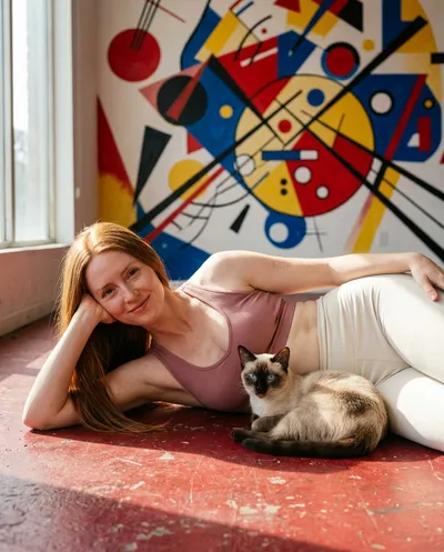 Woman with auburn hair lying on a crimson floor beside a Siamese cat, vivid Kandinsky-style abstract painted wall behind them