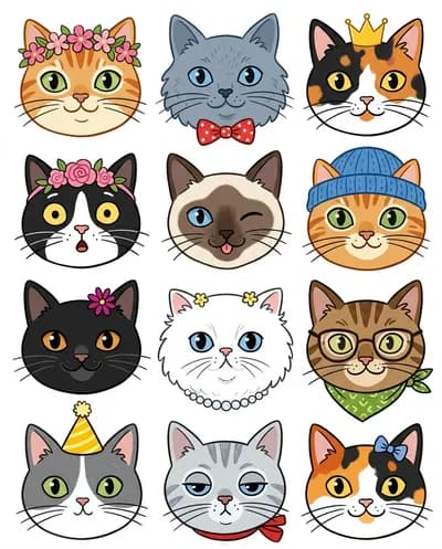 A grid of twelve stylized cat faces arranged in four rows of three columns, filling the entire frame with a...