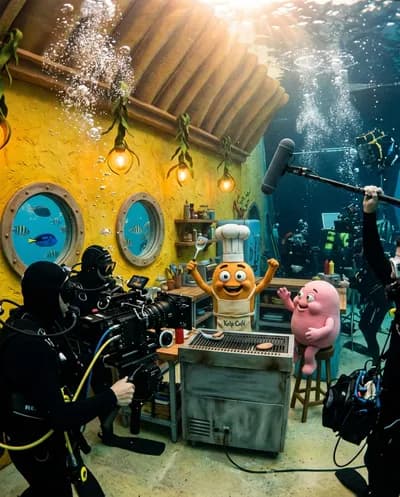 A breathtaking photorealistic behind-the-scenes photograph of a real underwater film production on a fully constructed practical set. The camera captures...