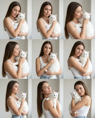 3×3 redaktionelles Porträt-Raster einer brünetten Frau, die eine weiße Türkisch-Van-Katze mit blauen Augen hält und mit ihr interagiert, 9 Tafeln mit subtilen
