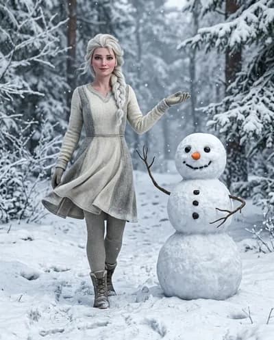 Cinematic winter portrait of a woman beside a stylized snowman, falling snow, platinum braid, flowing winter dress