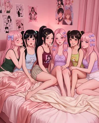 An ultra-detailed group photograph rendered in kawaii pastel aesthetic with anime fusion styling, set in a cozy bedroom bathed in...