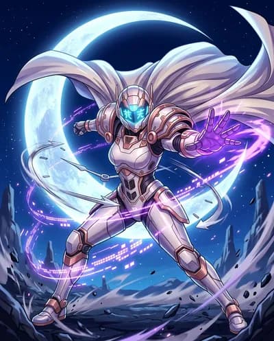 Una escena dinámica de anime de una guerrera completamente armada en una poderosa pose de combate contra una luna creciente gigante brillante...