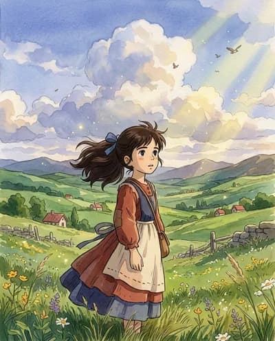 شخصية بأسلوب Studio Ghibli تقف على تلال خضراء متدحرجة تحت سحب رقيقة بأسلوب الألوان المائية الناعمة.