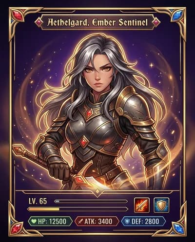 Un visuel de style carte de personnage conçu comme une composition de carte verticale avec le personnage placé de manière proéminente au centre. Le