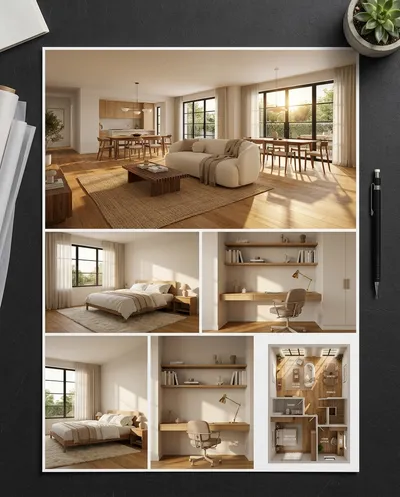 Ein professionelles Interior Design Präsentationsboard, als ein einziges zusammenhängendes Bild komponiert, von direkt oben auf einem dunklen Anthrazit...