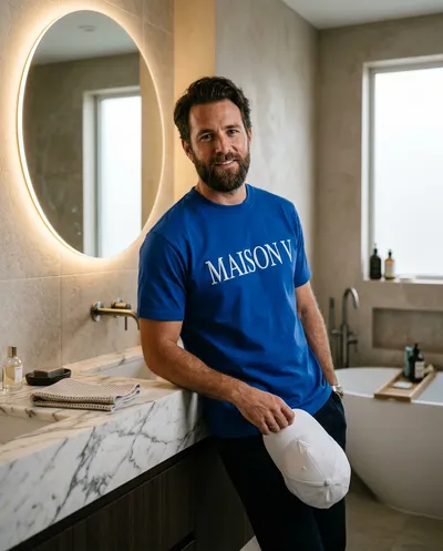 A realistic lifestyle portrait of a confident man in a modern luxury bathroom, wearing a bold cobalt blue designer t-shirt...
