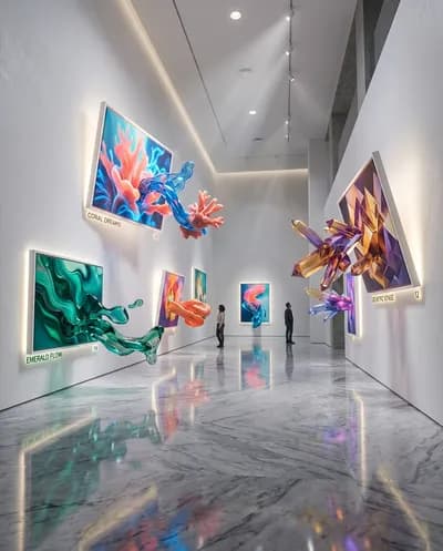 Ein surreales Interieur einer modernen Kunstgalerie, in dem gerahmte Gemälde physisch von weißen Wänden schweben und ihre dargestellten Motive sich in...