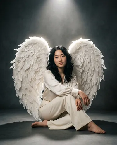 Angel wings editorial in grey studio, woman seated with dramatic overhead spotlight halo, glowing feather detail and dust motes