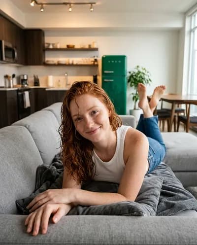 Young woman with copper-red hair lounging on a grey sofa on her stomach, looking directly at camera, emerald retro fridge visible in background