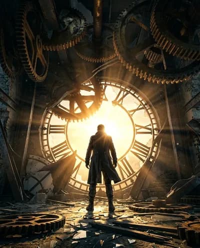 A breathtaking ultra-realistic photograph shot from a very low angle looking upward through the shattered remains of a colossal clock...
