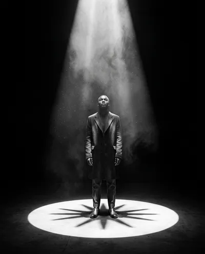A highly cinematic photograph of a person standing at the exact center of a perfect circle of bright white light...