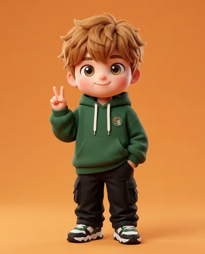 Un mignon personnage de garçon chibi 3D stylisé se tenant dans une pose complète avec des proportions exagérées — une grande tête ronde...