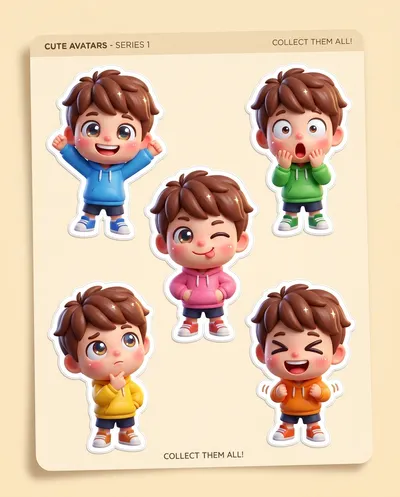 A set of cute 3D avatar stickers rendered in premium animated studio style on a single sheet. Each character is...