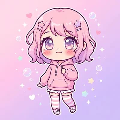 Adorable chibi anime avatar with oversized head, huge sparkly eyes, tiny body, pastel gradient background with floating hearts