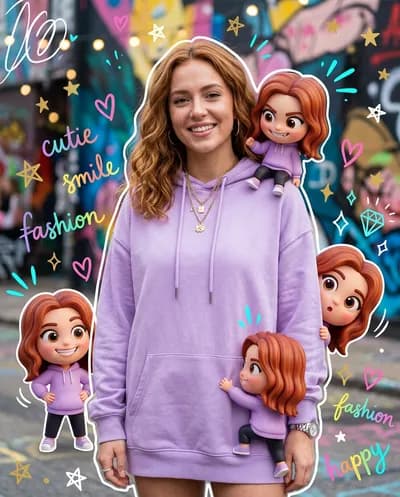 A high-quality mixed-media portrait of a trendy young woman with shoulder-length wavy auburn hair, wearing an oversized lilac hoodie and...
