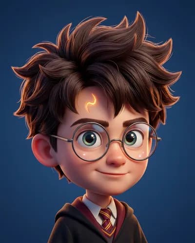 A high-quality stylized 3D CGI big-head cartoon render of a young wizard apprentice in a square-style profile picture composition with...