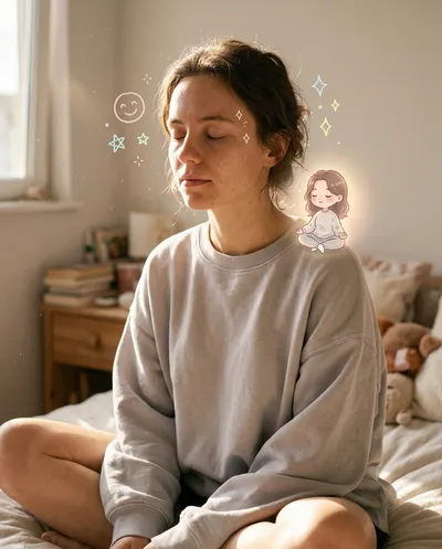 Close-up portrait of a young woman meditating with eyes closed, a tiny illustrated chibi version of herself on her shoulder, golden morning light streaming