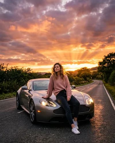 A cinematic lifestyle photograph of a young woman seated on the hood of a sleek modern sports car parked on...