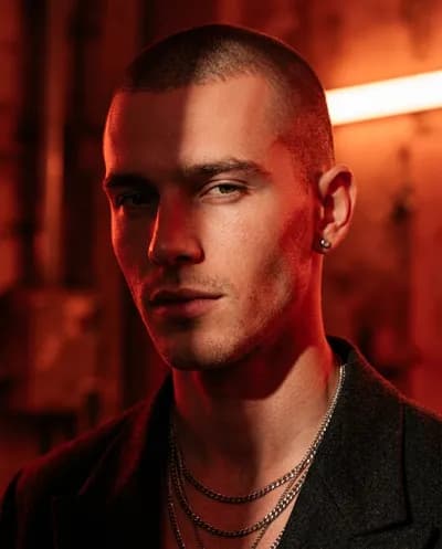 A hyper-realistic fashion editorial close-up portrait of a young man with a clean buzz cut and very short hairstyle, facing...