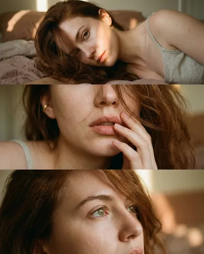 Three-frame golden hour bedroom triptych — face in warm light, lip detail, and eye close-up with auburn hair and linen tones