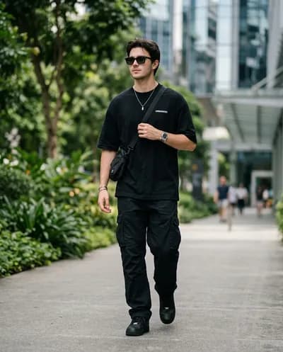 Young man in streetwear walking in an urban setting, oversized black tee and cargo pants, lush green bokeh behind