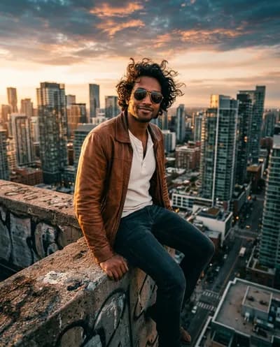 Man in leather jacket sitting on a rooftop edge legs dangling, golden hour rim light, sprawling glass cityscape behind