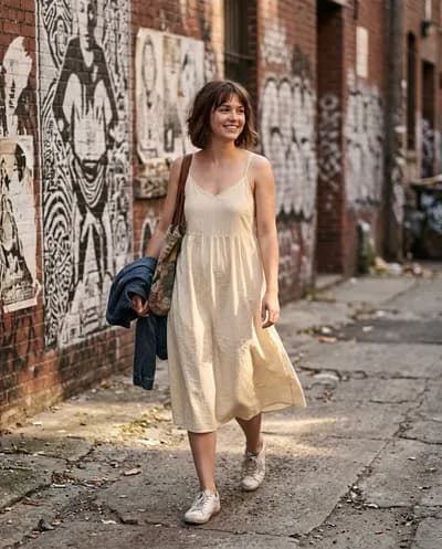 Full-body editorial portrait walking through a graffiti alleyway in a buttercream sundress, dappled sunlight and stencil street art