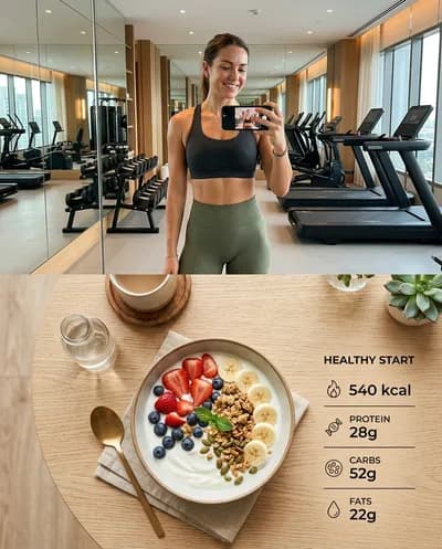 A modern lifestyle split-composition poster in vertical format. The top half depicts a fit athletic woman taking a mirror selfie...
