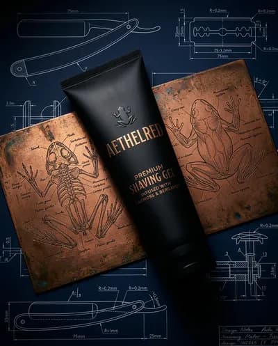 Luxury product photography of a matte black shaving gel tube with embossed metallic lettering indicating a premium grooming brand, placed...