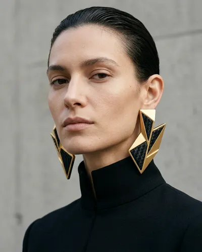 Minimalist close-up fashion portrait of a female model wearing a high-neck structured black top with a rigid mandarin collar that...