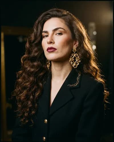 A female model with voluminous dark waves cascading past her shoulders in thick glossy curls,...