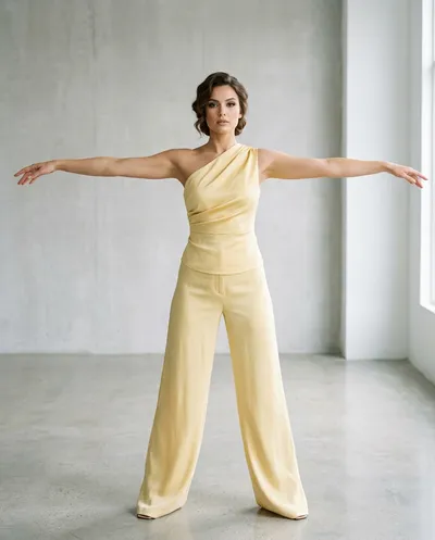 A photorealistic editorial portrait of a woman in a clean minimal premium studio. She has a polished elegant hairstyle and...