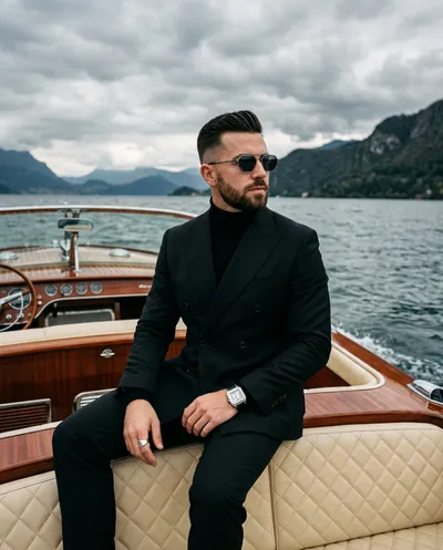 Luxury menswear editorial on vintage boat, overcast day, seated in black double-breasted suit, watch crystal catching highlight
