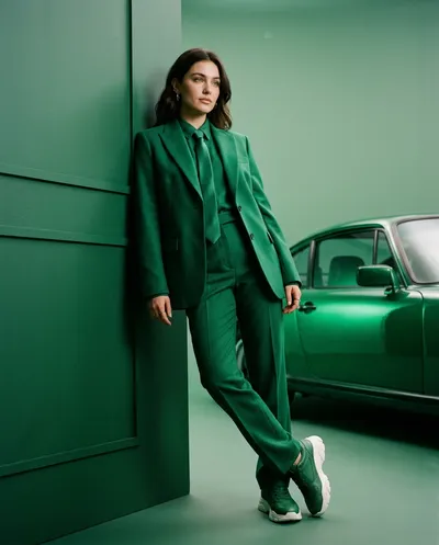 Monochrome emerald fashion editorial with tailored suit, emerald sports car reflecting green light, total color immersion