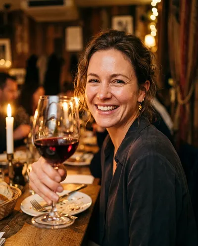 A cinematic close-up photograph of a woman thoroughly enjoying a meal, raising her wine glass toward the camera in a...