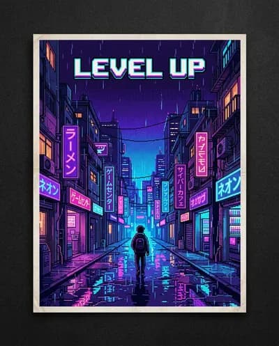 16-Bit Cyberpunk Pixel Art City Poster