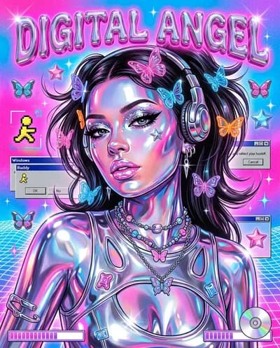 Y2K chrome aesthetic portrait with liquid metallic skin, iridescent reflections, cyber butterfly clips, early 2000s digital glamour