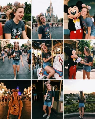 Nine-panel theme park day grid — roller coaster, castle selfie, carousel, churro, nighttime lights, consistent subject across all frames