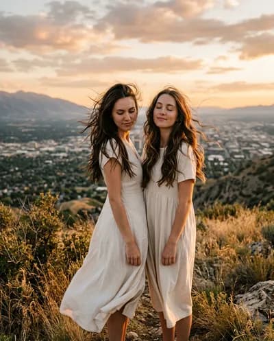 Two women standing on a hilltop at golden hour, light cream and ivory dresses flowing in the wind, city panorama stretching below them, warm golden rim light