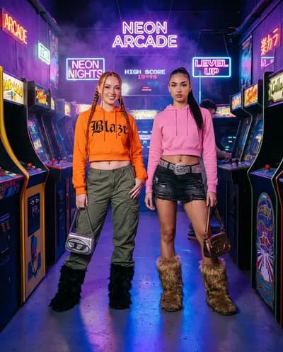 Dos mujeres con moda Y2K de pie en una sala de juegos retro iluminada por neón, reflejos de amatista y cobalto en el suelo pulido, bruma atmosférica.