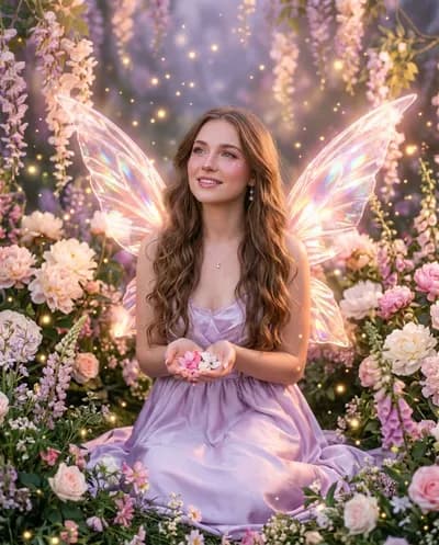 A fantasy editorial portrait with a dreamy fairy aesthetic. A young woman sits softly among abundant peonies and soft wildflowers,...