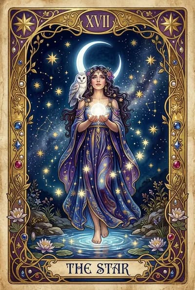 Mystical tarot card THE STAR with Art Nouveau borders, golden filigree, woman surrounded by eight-pointed stars
