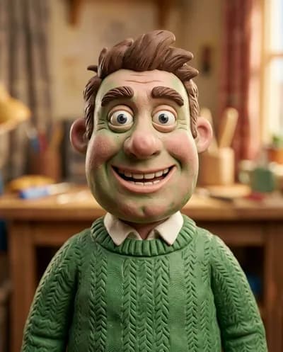 Claymation portrait in Wallace and Gromit style with visible thumbprints, plasticine texture, wide expressive mouth