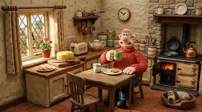 Charming claymation cottage kitchen in Wallace and Gromit style, character drinking tea, cheese on counter