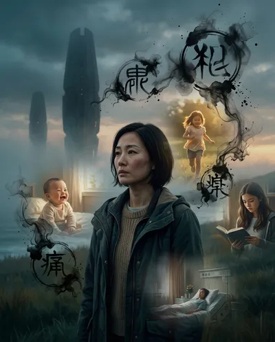 A profound emotionally layered scene inspired by a science fiction story about language and the perception of time. In the...