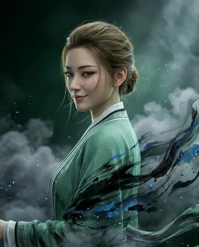 A surreal Oriental aesthetic composition fusing traditional ink wash artistic conception with modern 3D volumetric light rendering. The background is...