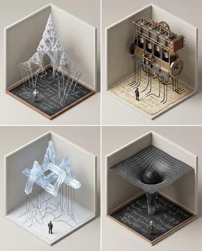Une grille deux par deux présentant quatre sujets scientifiques célèbres au niveau doctoral, chacun visualisé comme une transition dimensionnelle dramatique de