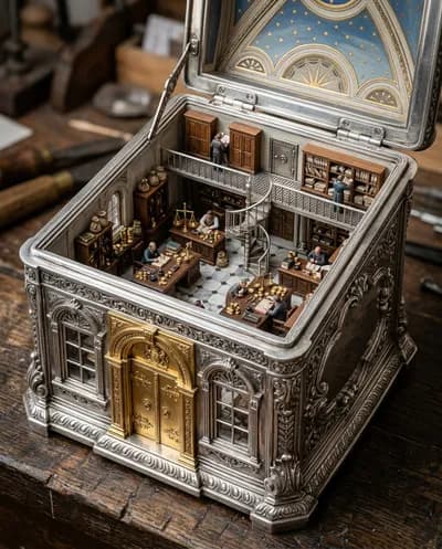 Une photographie de diorama miniature cinématographique ultra-réaliste d'une boîte antique ornée transformée en salle de comptabilité du Trésor Royal, vue de...